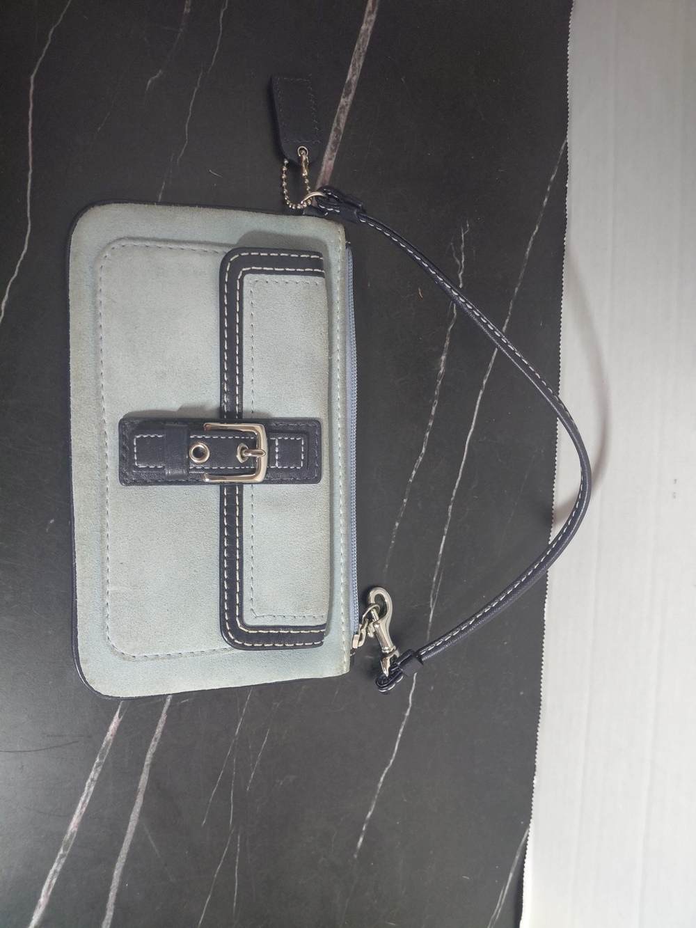Coach Light Blue Suede Wristlet with Black Trim